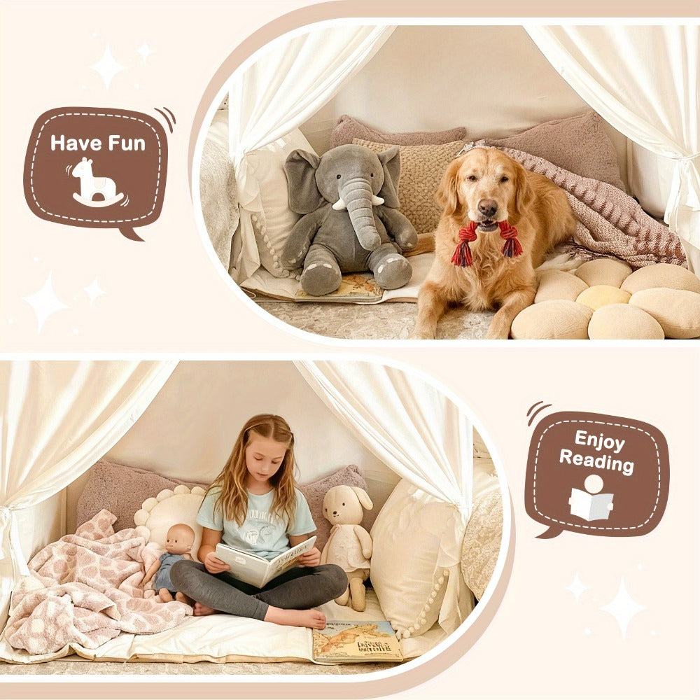 Play Tent for Kids Extra Large – Portable Foldable Teepee Indoor Outdoor Dome Playhouse with Flags, Bed Canopy Reading Nook for Boys Girls, Beige Pink Green Brown Cream 51–59 Inch