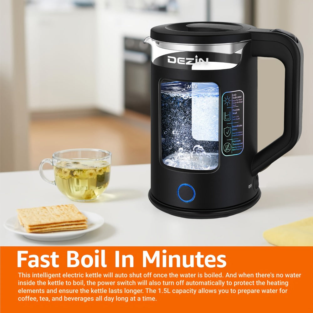 Glass Electric Kettle with Blue LED Light – 1.5L Borosilicate Glass Water Boiler, Auto Shut-Off & Boil-Dry Protection, Fast Heating Hot Water Kettle for Tea & Coffee – Azure, Black