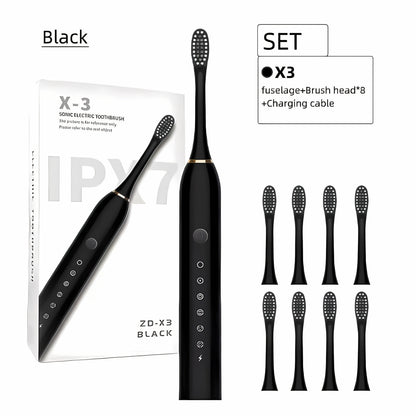 Rechargeable Electric Toothbrush 6 Cleaning Modes with 8 Brush Heads - USB Charge, Soft Bristles, Portable for Travel & Home Use, Oral Care Toothbrush for Men & Women - Black / White / Pink