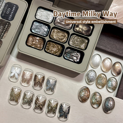 Fairy Powder Nail Art Gel Set 9 Colors Galaxy Milky Way – Nine-Grid Special Effect Shimmer Gel Polish Alcohol Free UV LED Soak Off, Long Lasting Glitter Nail Gel for Salon & DIY Home Women