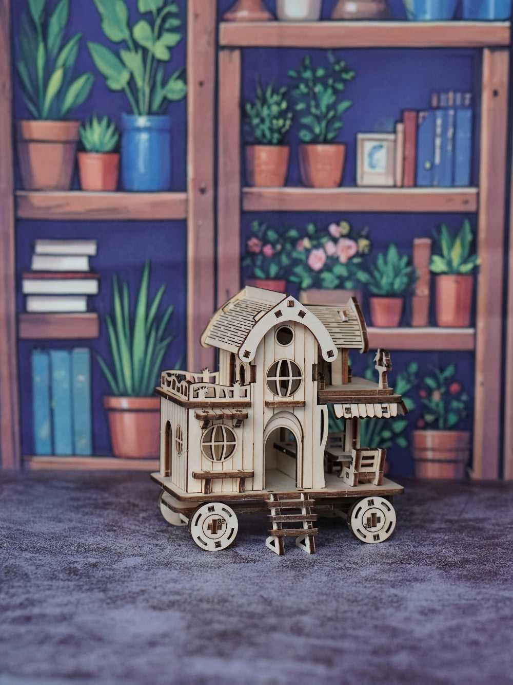 3D Wooden Puzzle Mobile Home on Wheels – DIY Café Bar Model Kit, Handcrafted Miniature House Assembly, Unique Desk Decoration Gift for Adults Teens Birthday Christmas Housewarming