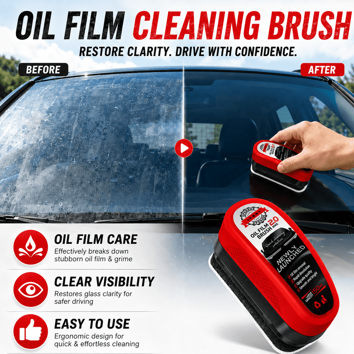Oil Film Cleaning Brush for Car Windshield, Auto Glass Cleaner Tool for Oil Film Remover, Water Spot Remover Brush for Windshield, Side Windows, Rear Glass & Mirrors, Car Glass Cleaning Kit