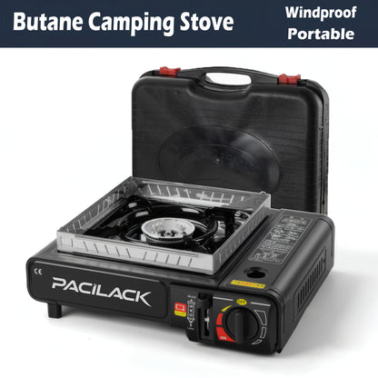 Butane Camping Stove with Carrying Case & Windscreen - Compact Lightweight Portable Camp Stove, Ultra-Fast Ignition, Heavy-Duty Outdoor Cooking for Camping, Backpacking, Tailgating, Emergency Survival