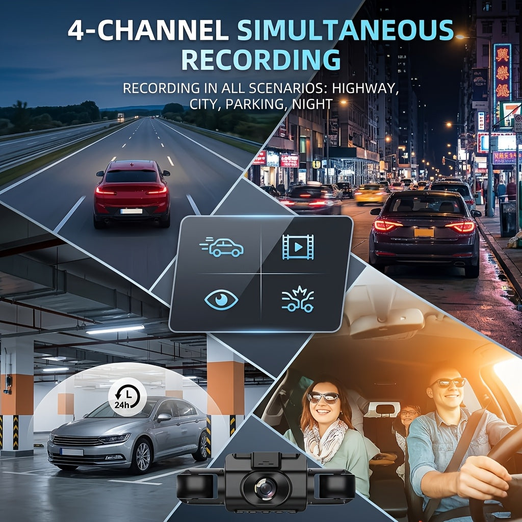 Multi-Angle Dash Cam with Four Lenses (Front, Rear, Left, Right), 1080P HD, Wide-Angle Lens, Night Vision, 24-Hour Parking Mode (Memory Card Not Included)