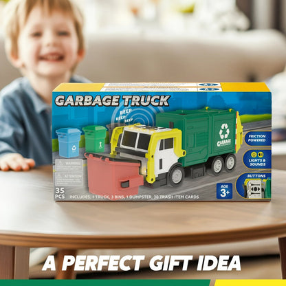 Garbage Truck Toy Set 16-Inch Large Friction-Powered with Lights & Sounds, Color-Coded Trash Bins, Garbage Sorting Learning Cards – Educational Gift for Boys & Girls Ages 3+