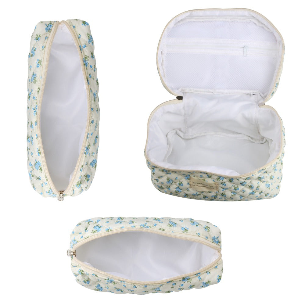 Quilted Floral Makeup Bag Set 3PCS Large Capacity Dual Layer Cotton Cosmetic Bags Coquette Aesthetic Travel Toiletry Organizer Gift for Women Girls Blue Rose Pink