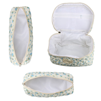 Quilted Floral Makeup Bag Set 3PCS Large Capacity Dual Layer Cotton Cosmetic Bags Coquette Aesthetic Travel Toiletry Organizer Gift for Women Girls Blue Rose Pink