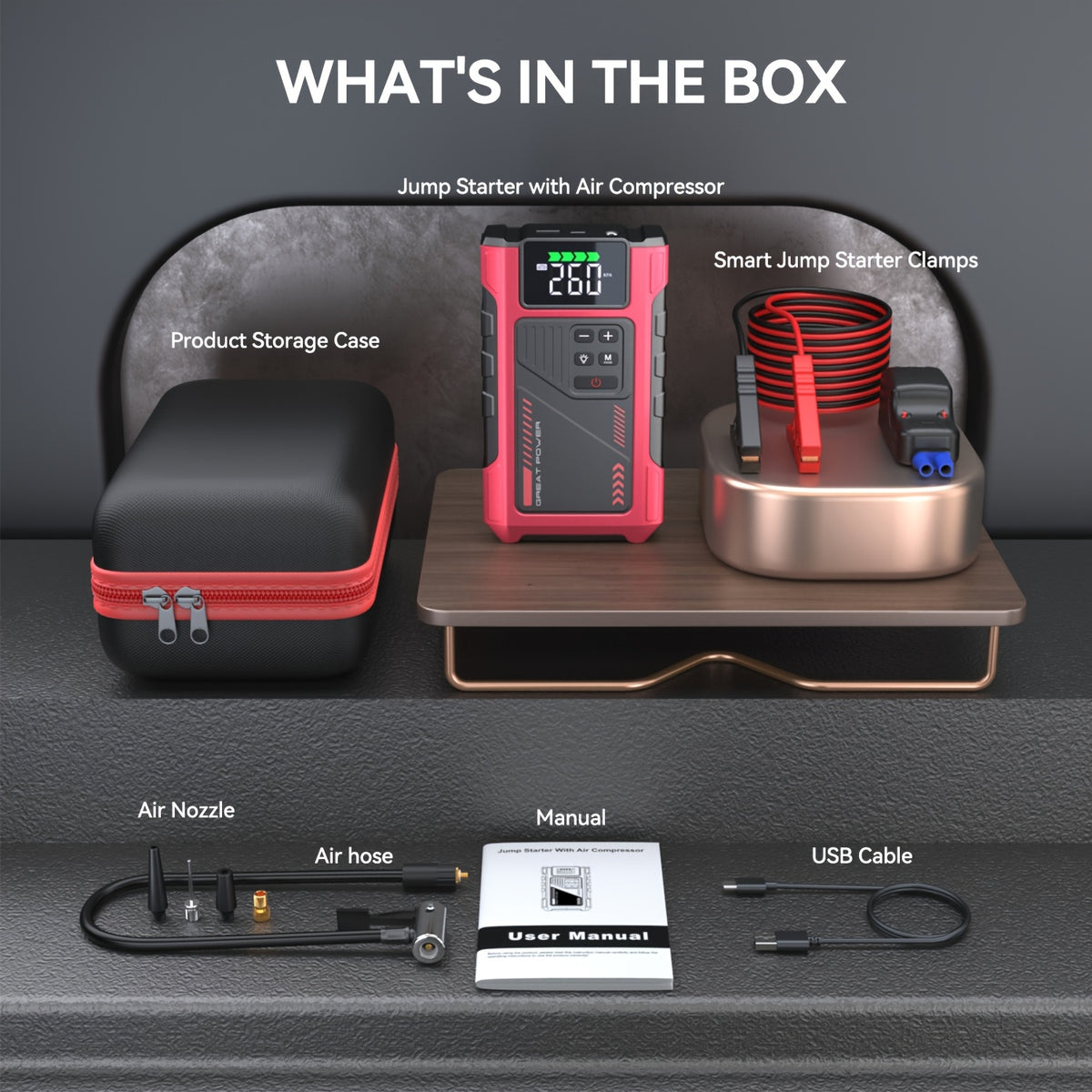 9-in-1 Portable Jump Starter with Air Compressor, 12V Car Battery Jump Starter, Portable Car Battery Charger, Fits 2.11gal Gas/ 1.72gal Diesel Fast Car Starting, USB Input & Output, LED Emergency Light, Auto Accessory Tool, Christmas Gift