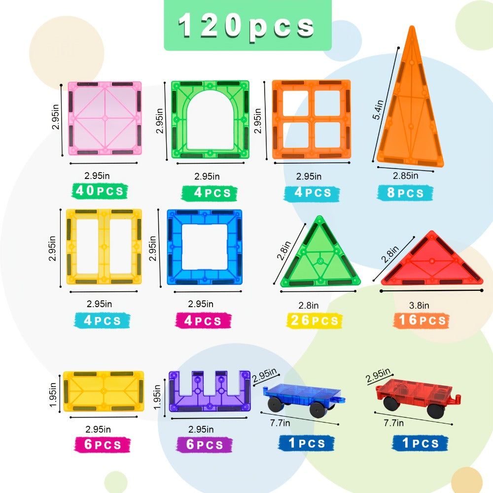 Magnetic Tiles 120 Pieces with 2 Cars – STEM Magnet Building Blocks Set for Toddlers Boys Girls Ages 3 4 5 6 7 8, Compatible with Major Brands, Birthday Christmas Holiday Gift