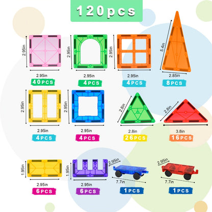 Magnetic Tiles 120 Pieces with 2 Cars – STEM Magnet Building Blocks Set for Toddlers Boys Girls Ages 3 4 5 6 7 8, Compatible with Major Brands, Birthday Christmas Holiday Gift