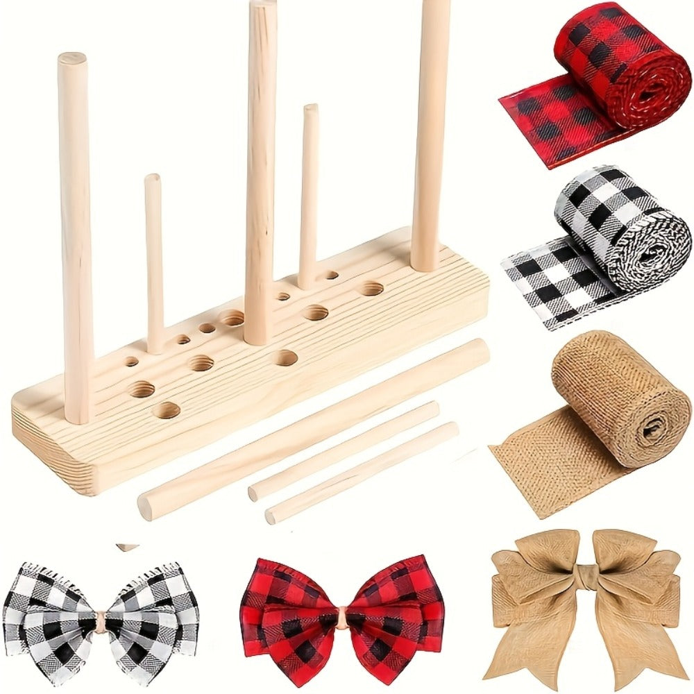 9-Piece Wooden Wreath & Bow Maker Crafting Tool Set, DIY Floral Wreath Molds with Wooden Sticks Rope Checkered Fabric, Party Decoration Craft Supplies for Holiday