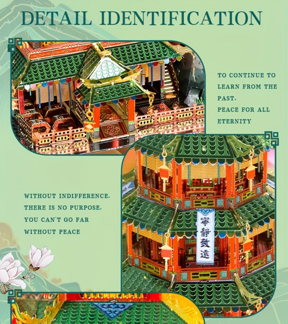 Chinese Street View Metal Model Kit – MU 3D Puzzle Traditional Architecture, Tianloc Pavilion Chiya Chai Tea House Drunk Xiao Lou, Green & Gold DIY Assembly, Unique Birthday Christmas Gift
