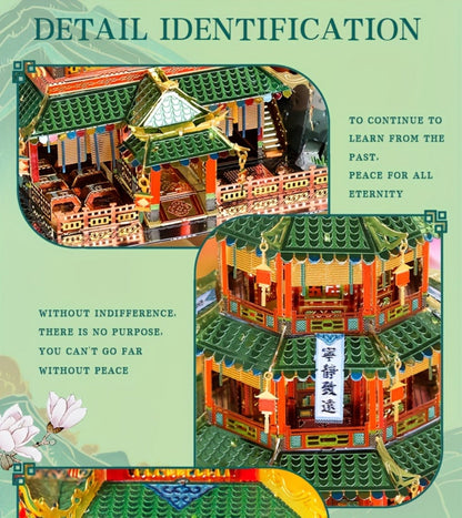 Chinese Street View Metal Model Kit – MU 3D Puzzle Traditional Architecture, Tianloc Pavilion Chiya Chai Tea House Drunk Xiao Lou, Green & Gold DIY Assembly, Unique Birthday Christmas Gift
