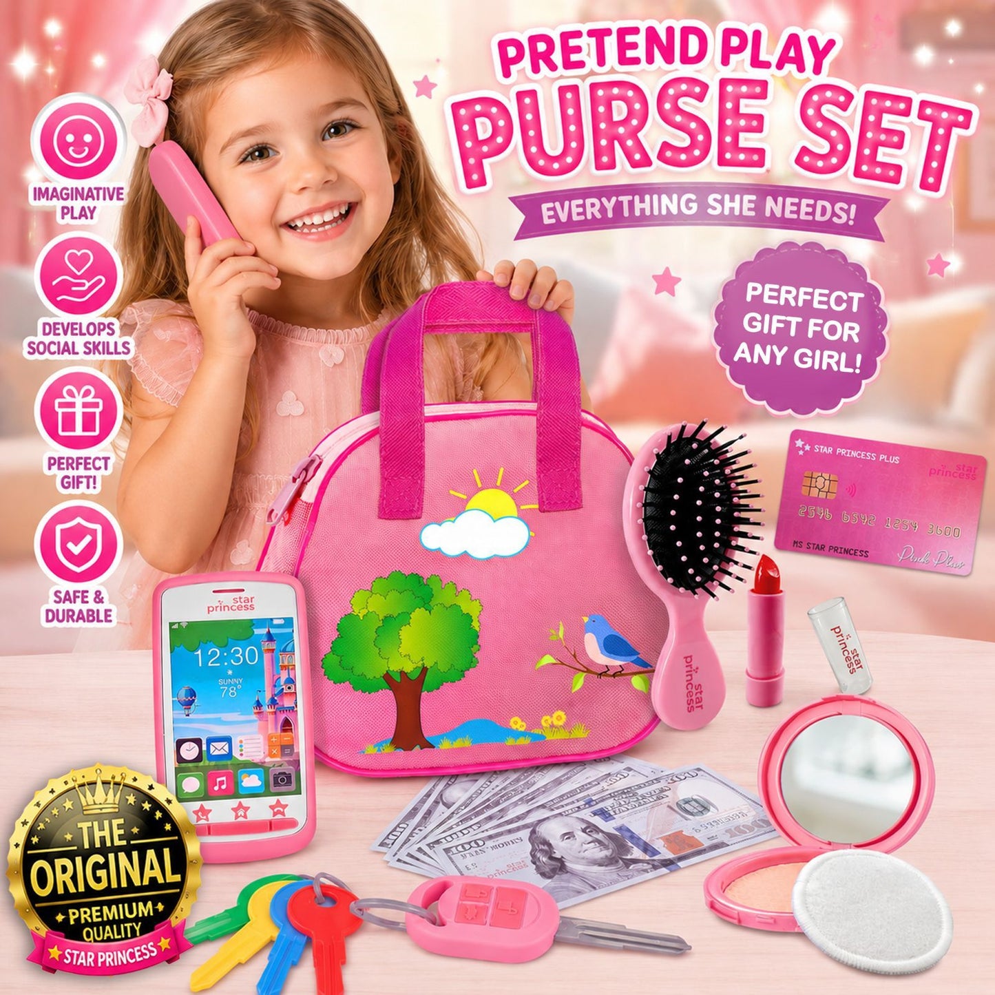 Girls Play Purse Set with Accessories 9pcs – Pretend Makeup, Toy Keys, Fake Phone & Credit Card | Toddler Dress Up Handbag Role Play Toy, Birthday & Christmas Gift for Little Girls Ages 3 4 5 6