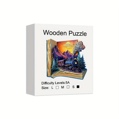 Wooden Jigsaw Puzzle for Adults Galloping Train – 3D Vision Effect Unique Shape Pieces, Book-Style Display, Mountain Sunset Art, Unique Birthday Christmas Holiday Gift for Train Lovers & Puzzle Enthusiasts (S & L Sizes)