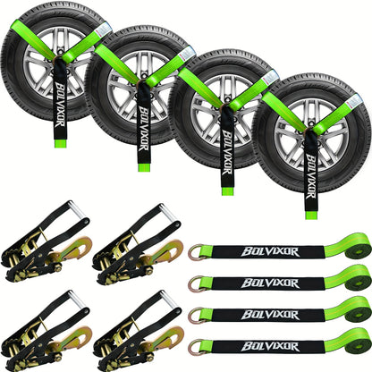 4pcs Heavy-Duty Trailer Tie Down Straps with Ratchet System & Snap Hooks - 9900LB Break Strength, 2"x96" Adjustable Wheel Straps with -Slip Design & Yellow Buckles - Fit for UTV, SUV, Truck, Cars, Trailers - All-Terrain Vehicle Transport (Steel/Poly