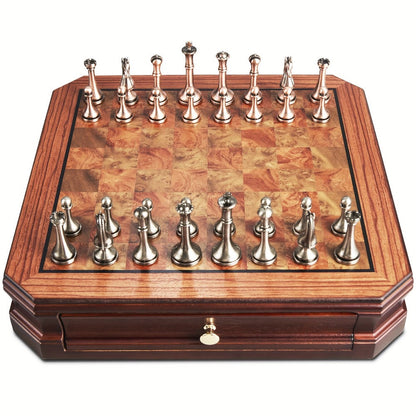 Wooden Chess Set with Metal Pieces & Storage Drawers 12 Inch – 2.5" Kings 2 Extra Queens Vintage Mahogany Board for Adults Beginners, Premium Strategy Game Gift