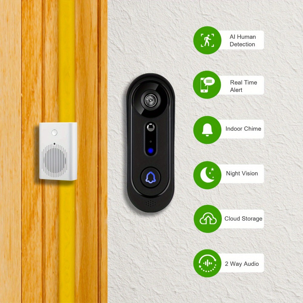 Smart Doorbell Camera 1080P HD Wireless Battery Powered – Night Vision, Motion Detection, Two-Way Audio, Indoor Chime, Cloud Storage & Real-Time Alerts, 2.4GHz WiFi Easy Install No Wiring Needed