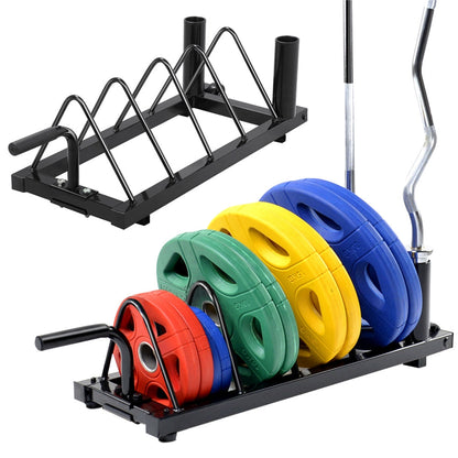 Barbell & Weight Plate Storage Rack with Wheels & Handle – 300 lb Capacity, 2 Barbell Holders, 4 Plate Slots, Powder Coated Steel for Home Gym & Garage Organization