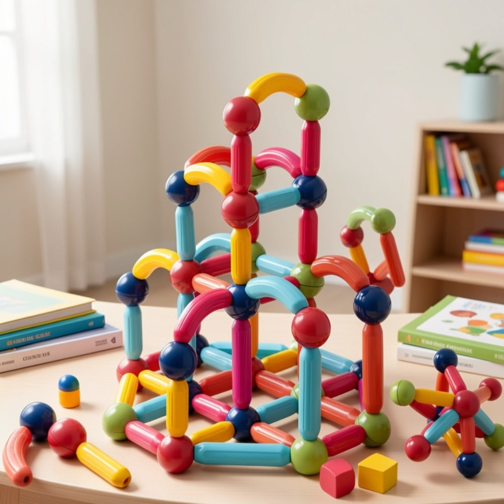 Magnetic Building Sticks Set 62 Pcs – 360° Rotating Oversized Magnetic Tiles Balls Educational 3D STEM Toy Kids Ages 3+ Build Castles Cars Shapes Birthday Christmas Gift