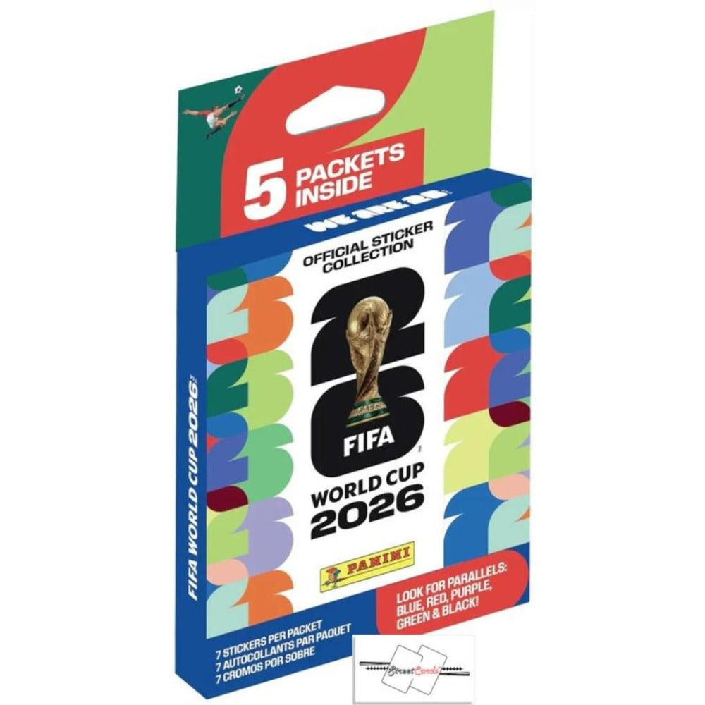 Panini FIFA World Cup 2026 Sticker Hanger Box – 35 Stickers 5 Packs with StreetCards Magnet, Blue Red Purple Green Black Parallel Soccer Collectible Gift