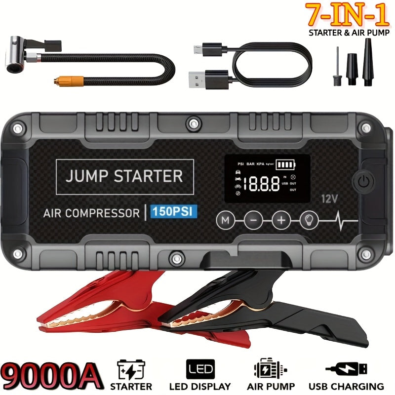 8000mAh Multifunctional Emergency Start Power with Air Pump, 150PSL Portable Car Battery Starter, Digital Tire Inflator, Portable Vehicle Battery Charger, Suitable for 2.64 Gallon Gas Or 2.38 Gallon Diesel Batteries Car Jumper Starter Portab