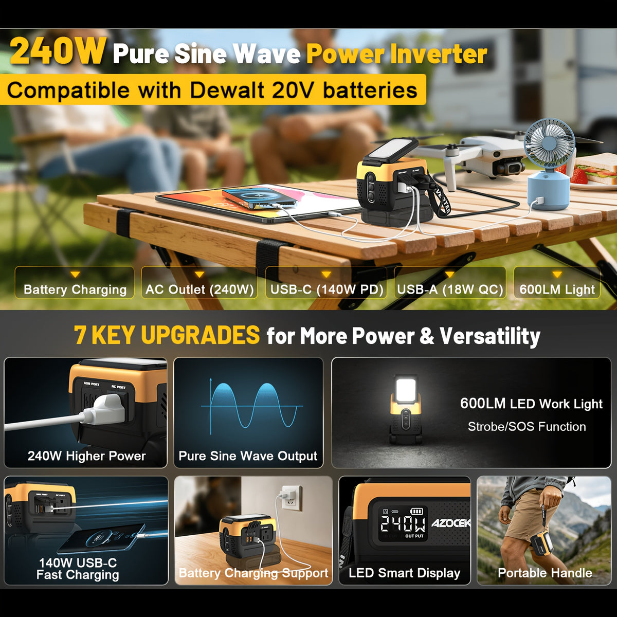 240W Power Inverter Pure Sine Wave, Compatible with De-Walt 20V Battery, Power Inverter Adapter, USB-C 140W Fast Battery Bidirectional Charger, 120V AC Outlets, 2 QC USB Ports(18W), 600LM LED, Summer Outdoor Camping Essentials(No Battery)