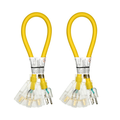 Heavy Duty Extension Cord Splitter Tri-Tap 2-Pack – 15A SJTW Contractor Grade, LED Lighted Plug, 2ft Yellow Jacket for Outdoor & Job Site Use
