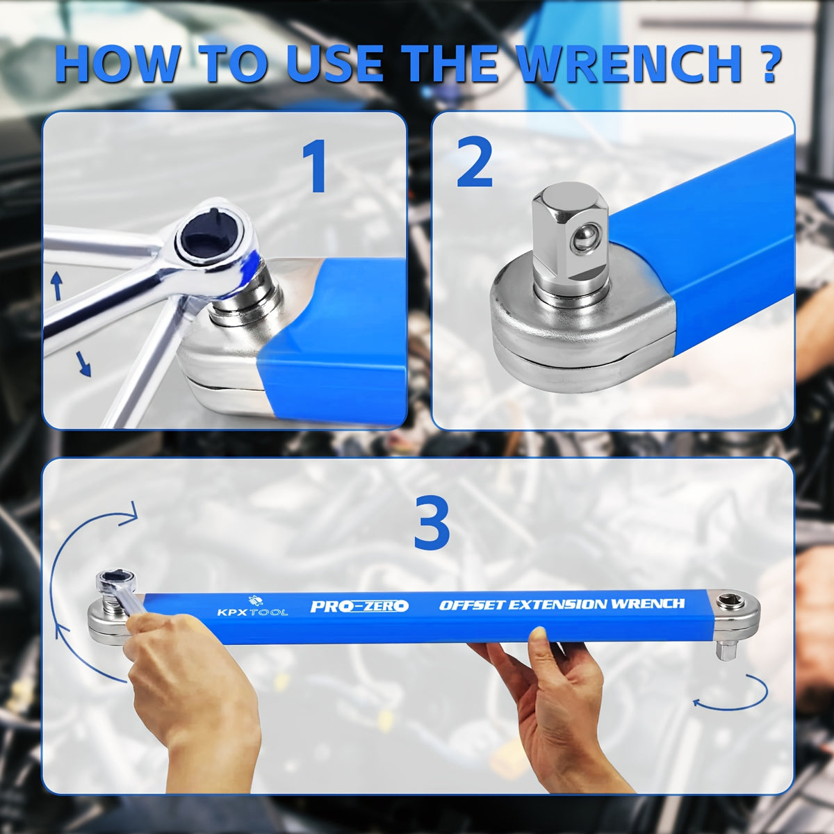 2-in-1 Multi-Function Ratchet Offset Extension Wrench | With 1/2", 1/4" and 3/8" Square Head Adapters, 180 Degree Swivel, High Torque, Non-Slip Handle, Durable Metal, Automotive Repair Hand Tools