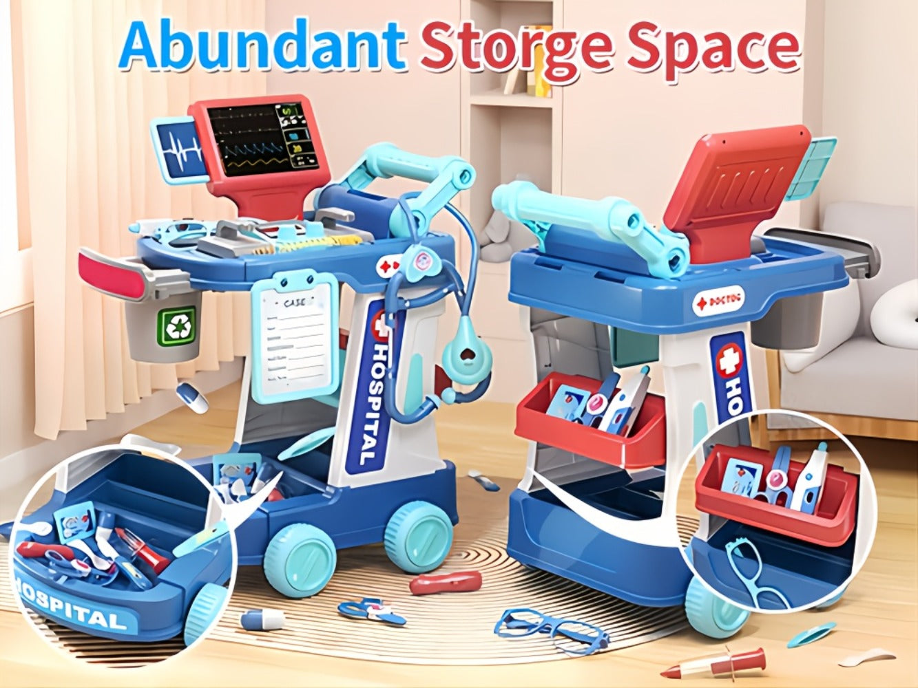 Kids Doctor Kit with Medical Cart Set – Movable Toy Trolley, Stethoscope, Thermometer & Accessories | Doctor Nurse Role Play Toy for Boys & Girls Ages 3 4 5 6, Birthday & Christmas Gift