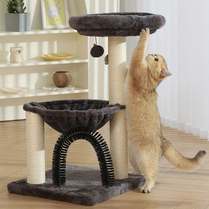 Cat Tree Tower 27.8 Inch Multi-Level - FluffyDream Indoor Cat Tree with Scratching Posts, Plush Basket, Top Perch & Dangling Ball, Sturdy Cat Tower with Grooming Brush for Kittens & Small Cats, Gray