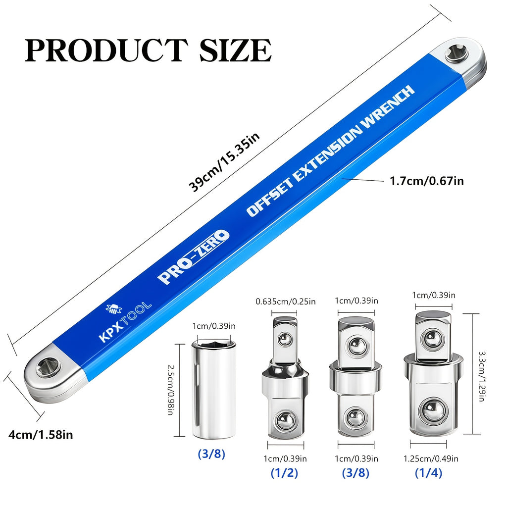 2-in-1 Multi-Function Ratchet Offset Extension Wrench | With 1/2", 1/4" and 3/8" Square Head Adapters, 180 Degree Swivel, High Torque, Non-Slip Handle, Durable Metal, Automotive Repair Hand Tools