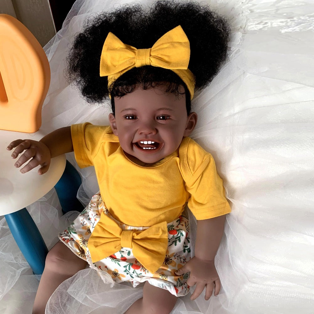 Black Reborn Baby Girl Doll 24 Inch Dark Brown Skin Soft Silicone Newborn Rooted Hair Cloth Body Magnetic Pacifier Lifelike Art Doll Gift for Kids Collectors Christmas Birthday