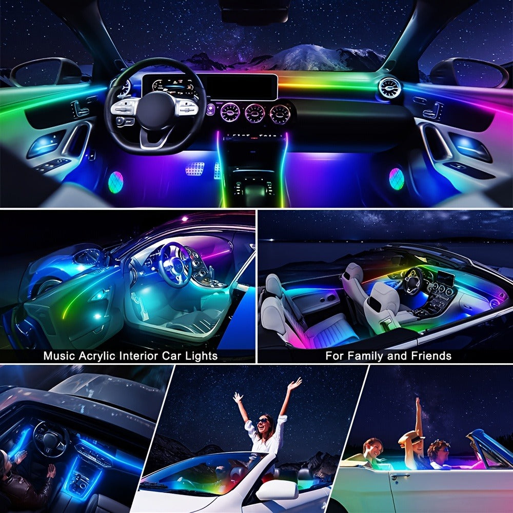 Car Interior LED Strip Lights App Control Dreamcolor Dynamic 114" Fiber Optic Ambient Lighting Kit for Center Console Door Decoration, Music Sync USB Power, 4pcs 6-in-1 10-in-1 Options
