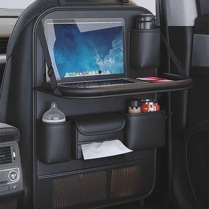 PU Leather Car Seat Back Organizer – Multi-Pocket Backseat Storage Bag with Mesh Pockets, Laptop Holder & Foldable Design for Car Interior Travel Accessories, Black