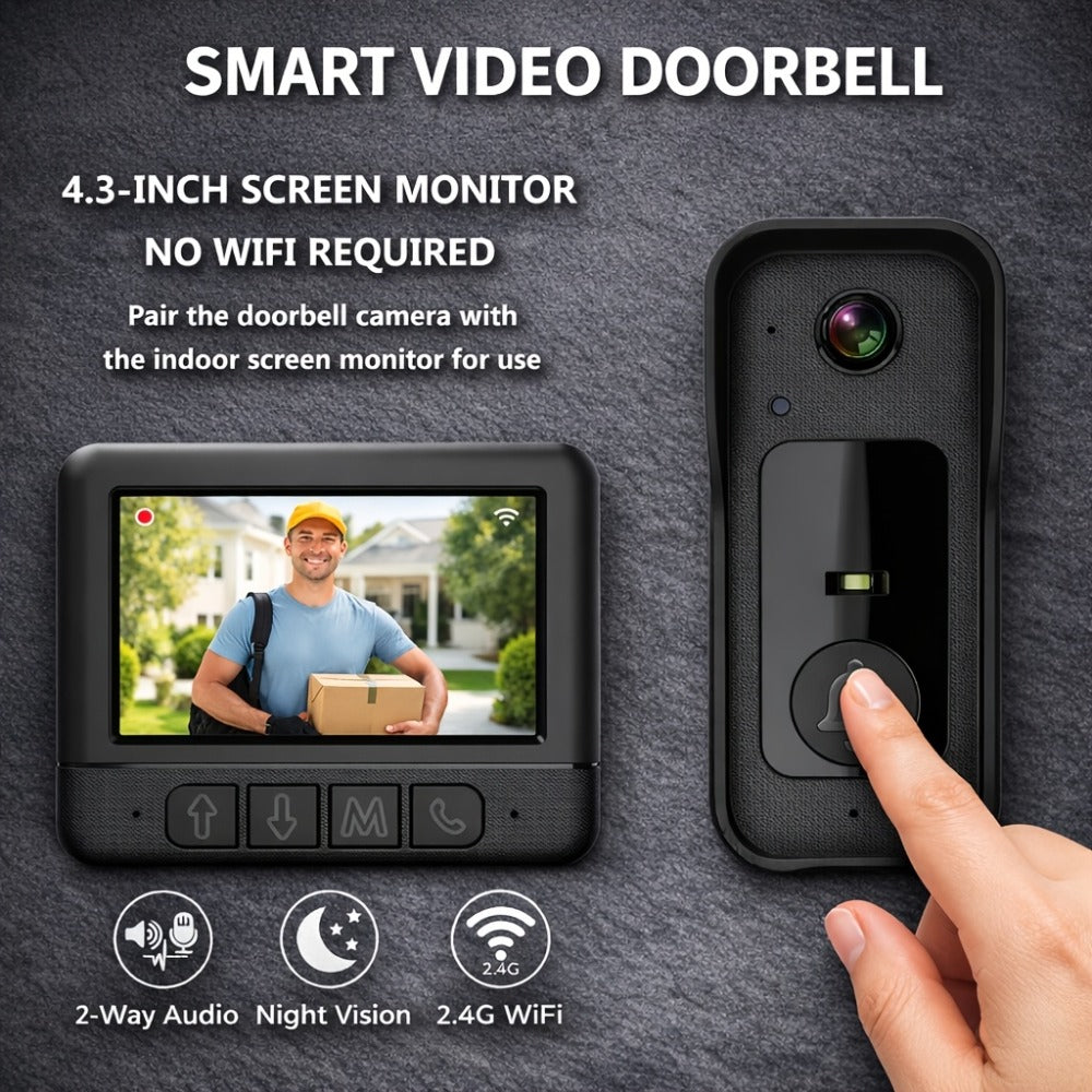 WiFi Video Doorbell with 4.3 Inch Indoor Monitor | Waterproof Night Vision Two-Way Audio Rechargeable Battery | Auto Photo Video Recording Senior Friendly Real-Time Monitoring