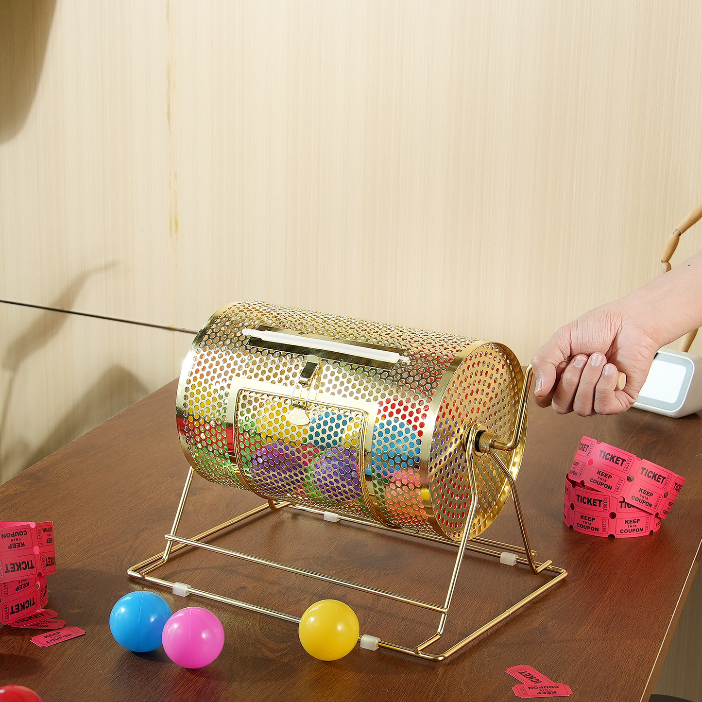 Raffle Drum Spinning Cage 12 Inch – Brass Plated Metal Lottery Ticket Drum with Wooden Handle, Holds 2500 Tickets or 100 Ping Pong Balls, for Bingo Ballot Party Events Fundraisers Trade Shows
