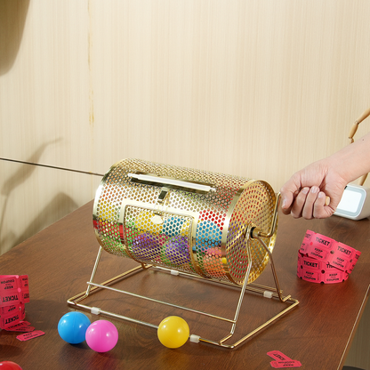 Raffle Drum Spinning Cage 12 Inch – Brass Plated Metal Lottery Ticket Drum with Wooden Handle, Holds 2500 Tickets or 100 Ping Pong Balls, for Bingo Ballot Party Events Fundraisers Trade Shows