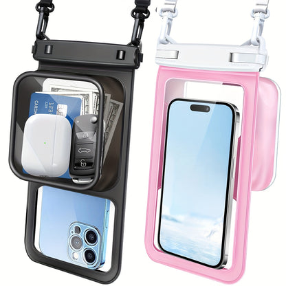 Waterproof Phone Pouch 2-Pack Double Layer Black & Cyan – PVC Dry Bag for Swimming, Rafting & Water Sports, Fits Up to 7.5", Dual Compartment with Adjustable Lanyard & Double Hook for Kayaking, Beach & Camping