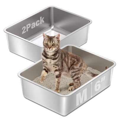 Stainless Steel Cat Litter Box – Non-Stick Odor-Free Easy Clean Metal Litter Pan for Medium & Large Cats, 2-Pack, Available in M / XL / XXL