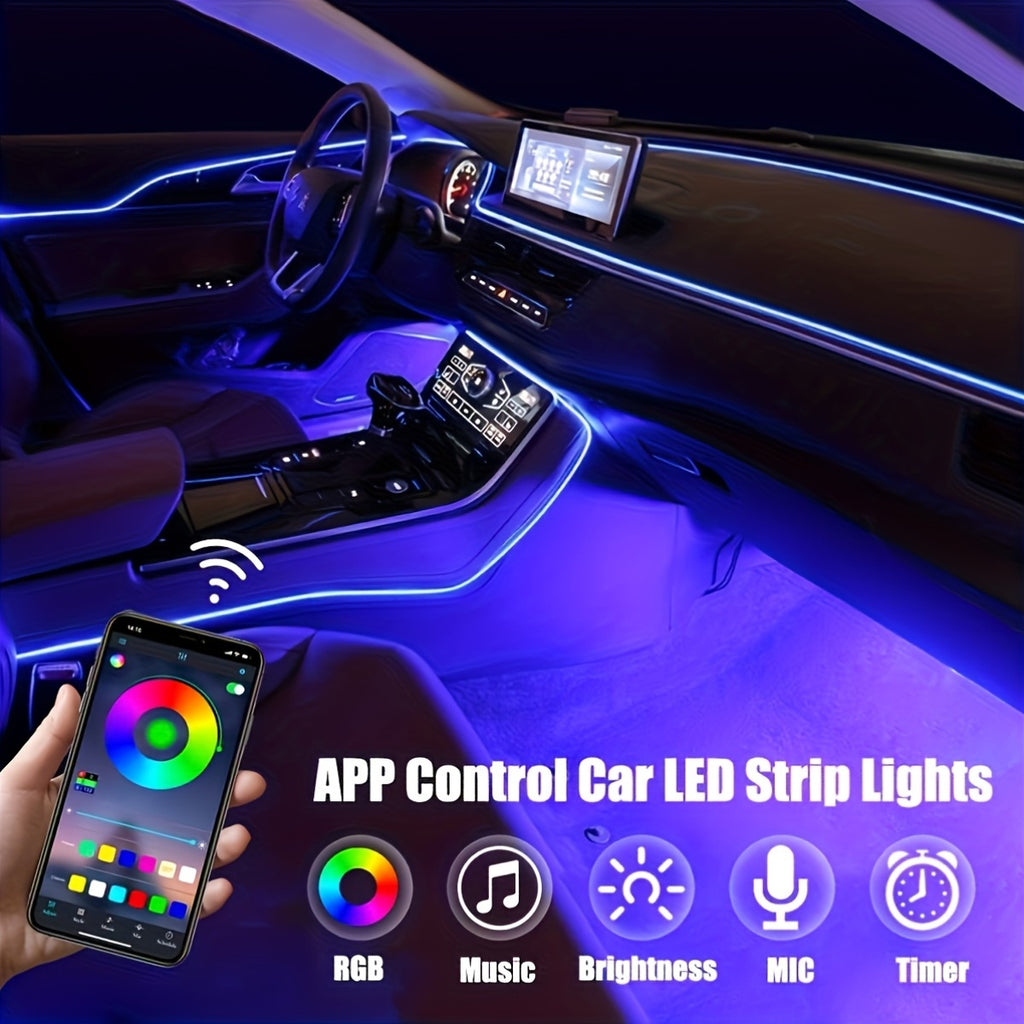 118" RGB LED Car Interior Lighting Kit - USB Powered, App-Controlled with Music Sync & Fiber Optics for Dashboard And Doors, Without Battery