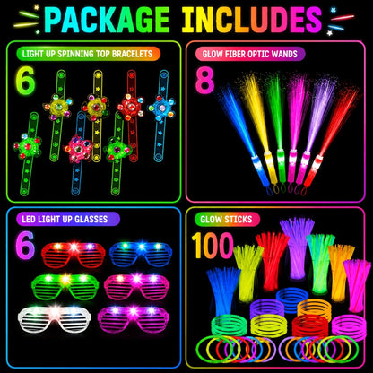 Glow in the Dark Party Supplies 120 Piece Set – Neon Glow Rings LED Glasses Glow Sticks & Fiber Optic Hair Clips for Blacklight Birthday Party, Wedding, Concert, Rave & New Year's Eve