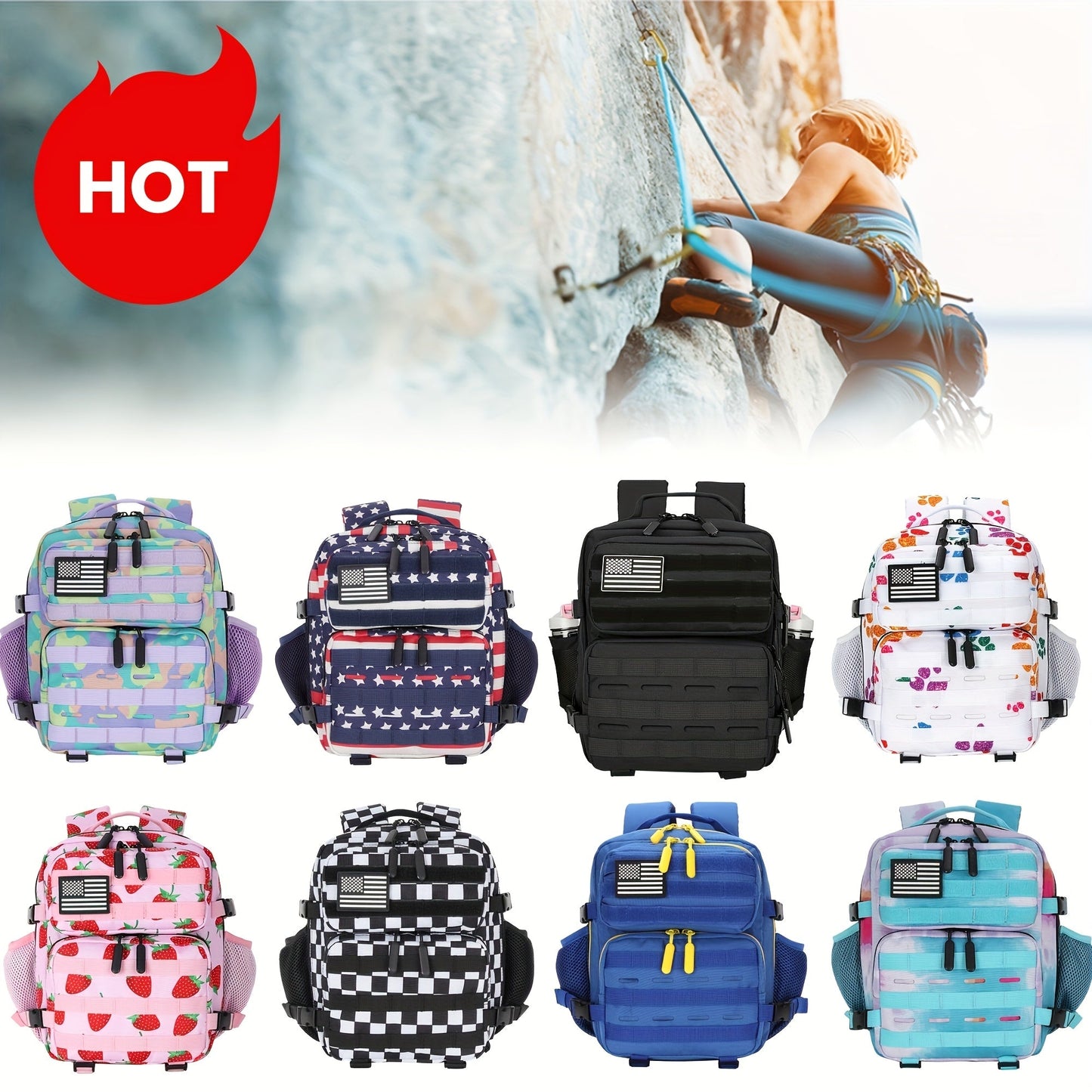 Mini Hiking Backpack 2.38 Gallon Daypack Zipper Closure Hip Strap for Daily Use Fitness Cycling Camping Travel School Strawberry Cat Paw Plaid Tie Dye Camo