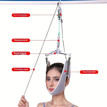 Cervical Traction Device with Handle, Adjustable Neck Traction Belt & Shoulder Massager, Spinal Decompression Pillow for Muscle Tension Relief, Durable Iron & Nylon Home Neck Stretcher
