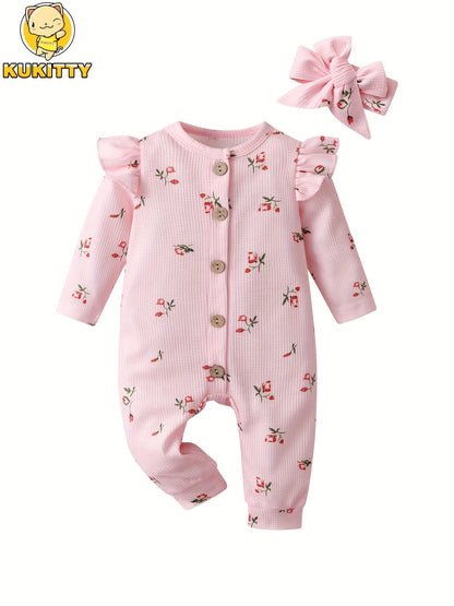 Baby Girls Outfit Set - Floral Ruffle Waffle Knit