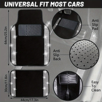 Bling Car Floor Mats Full Set – Rhinestone Sparkle Glitter Diamond Carpet, Universal Fit Cars SUV Trucks, 4pcs Anti-Slip Pad, Cute Car Accessories for Women & Girls