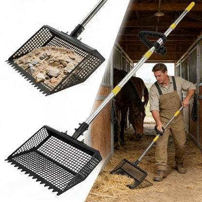 Cat Litter Scooper 2-in-1 Heavy Duty Rake with Adjustable 26–76" Stainless Steel Handle, Shatterproof Sand Sifting Shovel for Litter Box, Chicken Coop, Horse Stable & Barn Stall Cleaning, 13 Inch