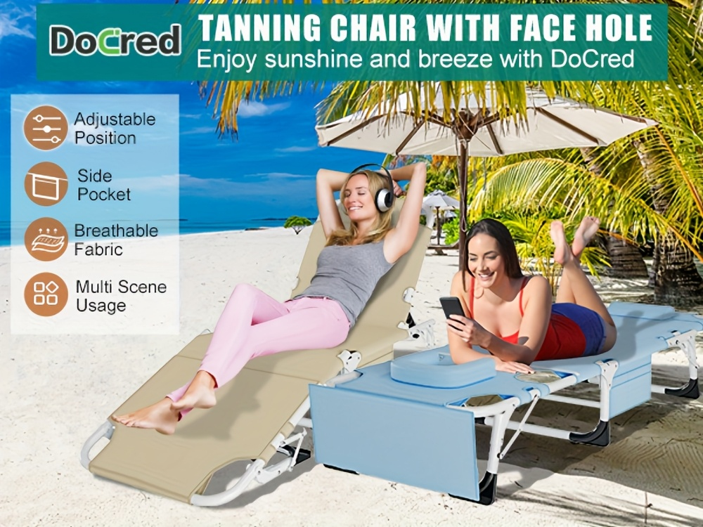 Folding Chaise Lounge Chair for Outdoor Tanning – 5-Position Adjustable Sunbathing Lounger with Face Hole for Pool, Beach & Backyard – Standard & Oversize Available