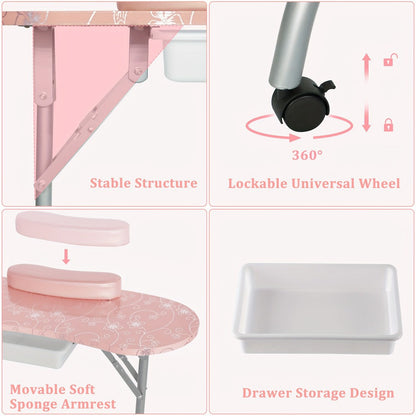 Foldable Nail Table with LED Lamp Drawer Lockable Wheels Wrist Cushion & Carrying Bag – Portable Manicure Station for Nail Salon Technician Home Studio White