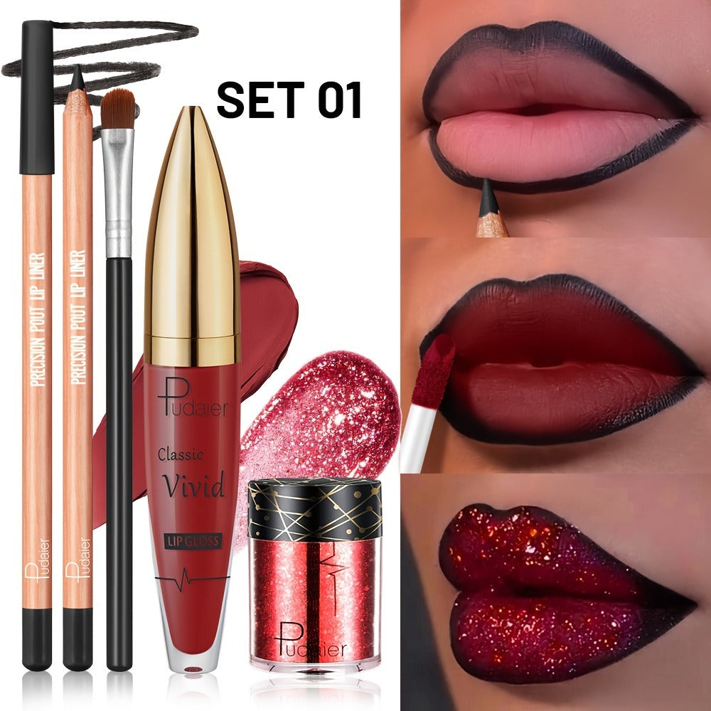 Metallic Glitter Lip Kit 4-Piece – Sparkling Lip Liner, High-Shine Lip Gloss, Chunky Glitter & Lip Brush Combo for Party, Festival, Rave & Holiday Makeup, Gift for Women
